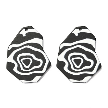 Opaque Acrylic Pendants, Black & White, Polygon with Flower, Black, 35x27.5x2.2mm, Hole: 1.5mm