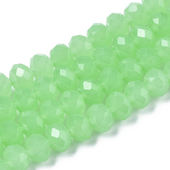 Glass Beads Strands, Imitation Jade, Faceted, Rondelle, Pale Green, 8x6mm, Hole: 1mm, about 64~65pcs/strand, 40~41cm