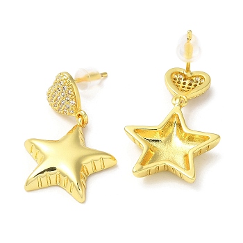 Clear Cubic Zirconia Star Dangle Stud Earrings, Rack Plating Brass Jewelry, Real 18K Gold Plated, 29x18mm