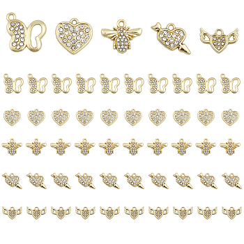 50Pcs 5 Styles Rack Plating Alloy Pendants, with Crystal Rhinestone, Heart & Bees & Butterfly & Wing & Arrow Charms for Valentine's Day, Light Gold, 10~15.5x14~16x2~3mm, Hole: 1.4~1.6mm, 10Pcs/style