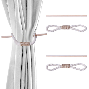 Cotton Linen Curtain Tiebacks, with Wood Bars, Antique White, 280x11.5mm