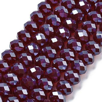 Electroplate Transparent Glass Beads Strands, Half Gray Plated, Faceted, Rondelle, Dark Red, 10x7.5mm, Hole: 1.6mm, about 66pcs/strand, 19.29''(49cm)