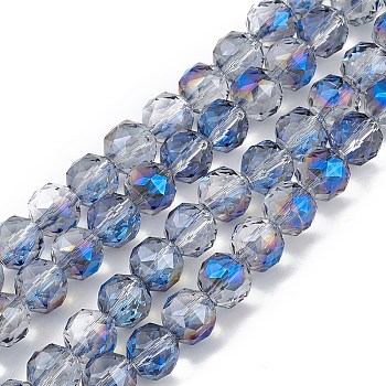 Transparent Electroplate Glass Beads Strands, Faceted, Round, Half Rainbow Plated, Royal Blue, 9~10x9~9.5mm, Hole: 1.4mm, about 54~60pcs/strand, 18.90~21.65 inch(48~55cm)