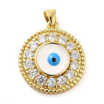 Real 18K Gold Plated Brass Pendants, with Glass and Acrylic, Flat Round with Evil Eye, White, 23x20.5x4.5mm, Hole: 5x3.5mm