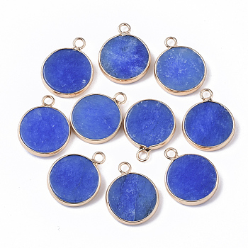 Natural White Jade Pendants, with Golden Tone Brass Open Back Bezel, Dyed, Flat Round, Blue, 20.5x16.5x4mm, Hole: 2mm