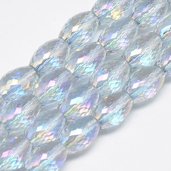 Electroplate Glass Beads Strands, Rainbow Plated, Faceted, Oval, Light Cyan, 11~12x8mm, Hole: 1mm, about 60pcs/strand, 27.56 inch