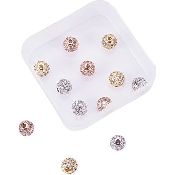 Rack Plating Brass Cubic Zirconia Beads, Long-Lasting Plated, Round, Mixed Color, 8x7mm, Hole: 2mm, 3colors/box, 4pcs/color