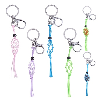 4Pcs  4 Colors Macrame Fringe Braided Keychain, Black Glass Bead Tassel Charm Key Ring for Handbag, Car Decoration, Lime, 17.5cm, 1pc/color