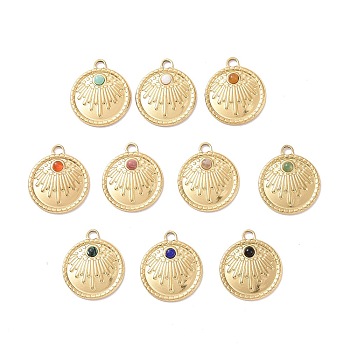 Natural & Synthetic Mixed Gemstone Pendants, with Ion Plating(IP) Real 18K Gold Plated 304 Stainless Steel Findings, Flat Round Charm, 21x18x3mm, Hole: 2.5mm