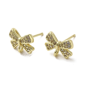 Rack Plating Brass & Cubic Zirconia Stud Earring Findings, Lead Free & Cadmium Free, Long-Lasting Plated, Bowknot, Real 18K Gold Plated, 10x13mm, Hole: 1.8mm, Pin: 12x1mm