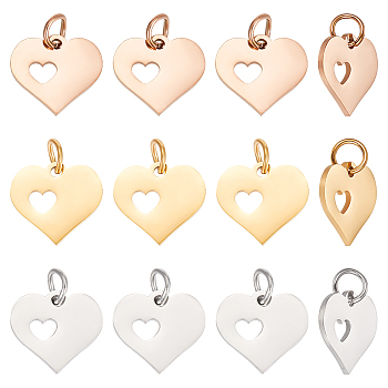 304 Stainless Steel Charms, Heart with Heart, Mixed Color, 12x12.5x1mm, Hole: 3mm, 3 colors, 6pcs/color, 18pcs/box