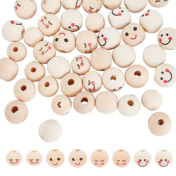 80pcs 4 styles Natural Wood European Beads, Large Hole Beads, Smiling Face Print Round Beads, Old Lace, 15~18x16~18mm, hole: 4~6mm, 20pcs/style