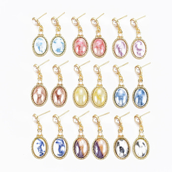 Oval with Porcelain Rack Plating Alloy Dangle Stud Earrings, with 925 Sterling Silver Pins, Long-Lasting Plated, Golden, Cadmium Free & Lead Free, Mixed Color, 34x13mm, Pin: 0.7mm