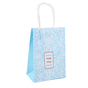 Kraft Paper Bags, with Handle, Gift Bags, Shopping Bags, Rectangle with Flower Pattern, Light Sky Blue, 15x8x21cm