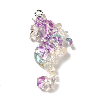 Ocean Theme Transparent Resin Pendants, Sea Animal Charms with Paillette and Platinum Tone Iron Loops, Sea Horse, 39x19x6mm, Hole: 2mm