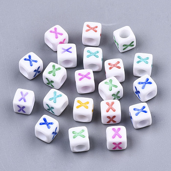 Opaque White Acrylic Beads, with Enamel, Horizontal Hole, Cube with Mixed Color Letter, Letter.X, 6x6x6mm, Hole: 3mm, about 2900pcs/500g