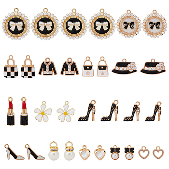 WADORN 32Pcs 16 Style Alloy Enamel Charms, with Imitation Pearl White Plastic/Resin Beads, with Rhinestone, Clothes & Bag & Flower, Mixed Color, 12~28x7~25x1.5~7mm, Hole: 1.2~2mm, 2pcs/style