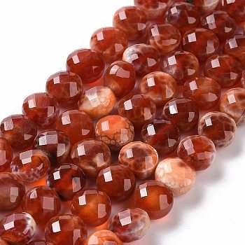 Natural Dyed Fire Crackle Agate Beads Strands, Faceted, Flat Round, FireBrick, 10~10.5x7.5mm, Hole: 1.2mm, about 37~39pcs/strand, 14.57~15.08 inch(37~38.3cm)