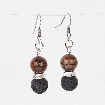 Natural Lava Rock Dangle Earrings, with Tiger Eye Beads, Brass Rhinestone Findings and Earring Hooks, 47mm, Pin: 0.6mm