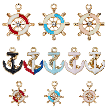 44Pcs 11 Style Alloy Enamel Pendants, with Rhinestone, Anchor & Helm Charms, Mixed Color, 15~22.5x11.5~19x2~3mm, Hole: 1.5~2mm, 4Pcs/style