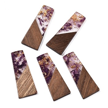 Opaque Resin & Walnut Wood Pendants, with Glitter Powder, Trapezoid, Indigo, 49x19x3.5mm, Hole: 2mm