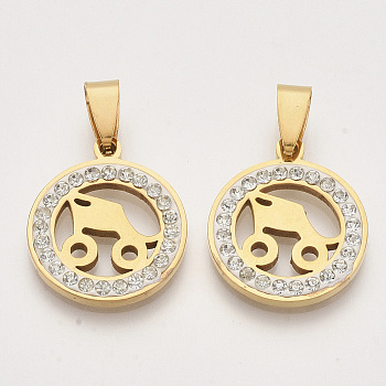 201 Stainless Steel Pendants, with Random Size Snap On Bails and Polymer Clay Crystal Rhinestones, Flat Round with Note, Golden, 23x20x2~3mm, Hole: 7~10x3~5mm