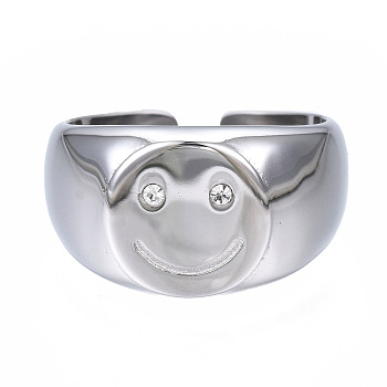 304 Stainless Steel Smiling Face Open Cuff Ring, Chunky Ring for Women, Stainless Steel Color, US Size 8 1/4(18.3mm)