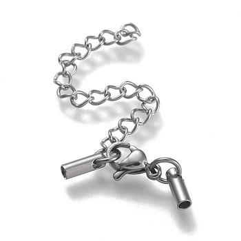 304 Stainless Steel Curb Chain Extender, with Cord Ends and Lobster Claw Clasps, Stainless Steel Color, Chain Extender: 56mm, Clasps: 9.5x6.5x3.5mm, Cord Ends: 7.5x2.5mm, 1.5mm inner diameter