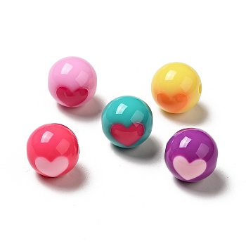 Two Tone Opaque Acrylic Beads, Round with Heart, Mixed Color, 15.5mm, Hole: 2.8mm, about 217pcs/500g