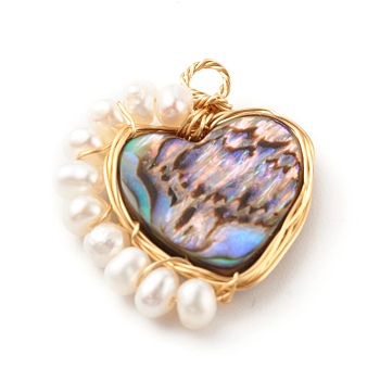 Heart Natural Paua Shell Pendants, Wire Wrapped Pendants, with Natural Cultured Freshwater Pearl Beads and Eco-Friendly Copper Wire, Real 18K Gold Plated, 23x19.5x4mm, Hole: 2mm