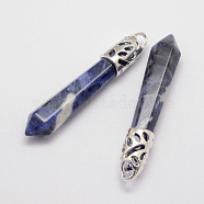 Natural Sodalite Big Pointed Pendants, with Alloy Findings, Bullet, Platinum, 57~63x13x10mm, Hole: 3x4mm(G-D860-C14-P)
