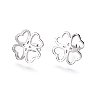 304 Stainless Steel Stud Earrings, Hypoallergenic Earrings, with Ear Nuts/Earring Back, Clover, Stainless Steel Color, 16.5x16.5x1mm, Pin: 0.6mm, 6pairs/card(EJEW-F234-01P)