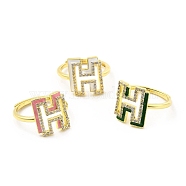 Mixed Color Enamel Initial Letter Adjustable Ring with Clear Cubic Zirconia, Real 18K Gold Plated Brass Jewelry for Women, Cadmium Free & Lead Free, Letter.H, US Size 5 1/4(16mm), Letter.H: 14x12mm(RJEW-P045-01G-H)