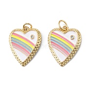 Brass Micro Pave Clear Cubic Zirconia Pendants, with Enamel and Jump Rings, Heart with Rainbow, Real 18K Gold Plated, 23.5x19x2.5mm, Hole: 3.5mm(ZIRC-A020-11G)