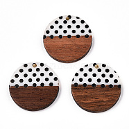 Printed Opaque Resin & Walnut Wood Pendants, Flat Round Charm with Polka Dot Pattern, White, 28x3.5mm, Hole: 2mm(RESI-N039-05)