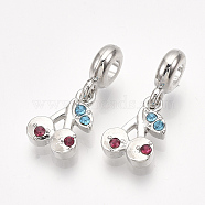 Alloy European Dangle Charms, with Rhinestone, Large Hole Pendants, Cherry, Platinum, 25mm, Hole: 4mm(MPDL-S067-004P)