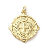Brass Pendants, with Jump Ring, Flat Round with Cross, Real 14K Gold Plated, 23.5x21x2mm, Hole: 3.2mm(KK-E091-07G)
