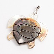 Turtle Black Lip Shell Pendants, with Platinum Plated Brass Finding, 39x40x4mm, Hole: 5x3mm(KK-P027-04)