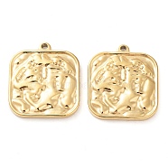 304 Stainless Steel Pendants, Textured, Square Charm, Real 14K Gold Plated, 24x21.5x2.5mm, Hole: 1.6mm(STAS-L022-360G)