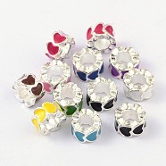 Silver Color Plated Alloy Enamel European Beads, Large Hole Beads, Column with Heart, Mixed Color, 10x6mm, Hole: 5mm(X-MPDL-R011-M)