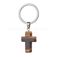 Natural Tiger Eye Keychains, with 304 Stainless Steel Split Key Rings, Cross, 5.6cm, Cross: 37.5x18x5.5mm(KEYC-JKC00729-04)