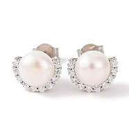 925 Sterling Silver Half Round Stud Earrings, with Natural Pearl & Clear Cubic Zirconia, Real Platinum Plated, 9.5x11mm(EJEW-C115-09P)