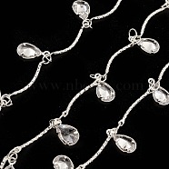 Brass Curved Bar Link Chains, with Clear Cubic Zirconia Teardrop Charms, Unwelded, with Spool, Silver, 18x1mm(CHC-M025-39S)