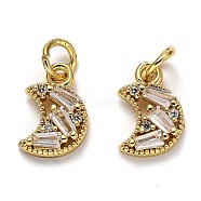 Brass Micro Pave Cubic Zirconia Charms, with Jump Rings, Long-Lasting Plated, Moon, Real 18K Gold Plated, 12x7.5x2.5mm, Hole: 3mm(ZIRC-H119-07G)