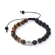 Natural Lava Rock & Tiger Eye Beads Adjustable Braided Bracelets, with Tibetan Style Alloy Beads, Hamsa Hand/Hand of Fatima/Hand of Miriam, Antique Silver, 2-3/8 inch(59mm)~3-5/8 inch(93mm)(BJEW-JB04987-01)