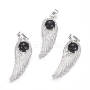 Natural Black Agate Pendants, with Platinum Tone Brass Findings, Wing, Dyed & Heated, 47x16x7.5mm, Hole: 7x5mm(G-L512-P09)