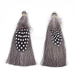 Polyester Tassel Big Pendant Decorations, with Feather and Iron Findings, Gray, 96~100x7mm, Hole: 5mm(FIND-T043-10)