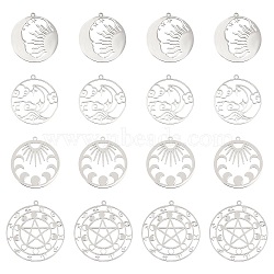 16Pcs 4 Style 201 Stainless Steel Pendants, Laser Cut, Mixed Shape, Stainless Steel Color, 30~37.5x28~35x1mm, Hole: 1.4~1.8mm, 4pcs/style(STAS-DC0005-09)