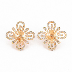 Brass Micro Pave Clear Cubic Zirconia Stud Earring Findings, for Half Drilled Bead, Nickel Free, Flower, Real 18K Gold Plated, 17.5x17mm, Pin: 0.7mm, pin: 0.8mm(for half drilled bead)(KK-S356-250-NF)