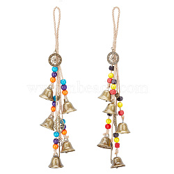 AHADERMAKER 2Pcs 2 Style Brass Hanging Wind Chime Ornaments with Round & Square Wood Beads, Alloy Pendants, Witches Bells for Porch, Garden, Window, Door Protection Charm, Mixed Patterns, 390~395mm, 1pc/style(AJEW-GA0005-68)